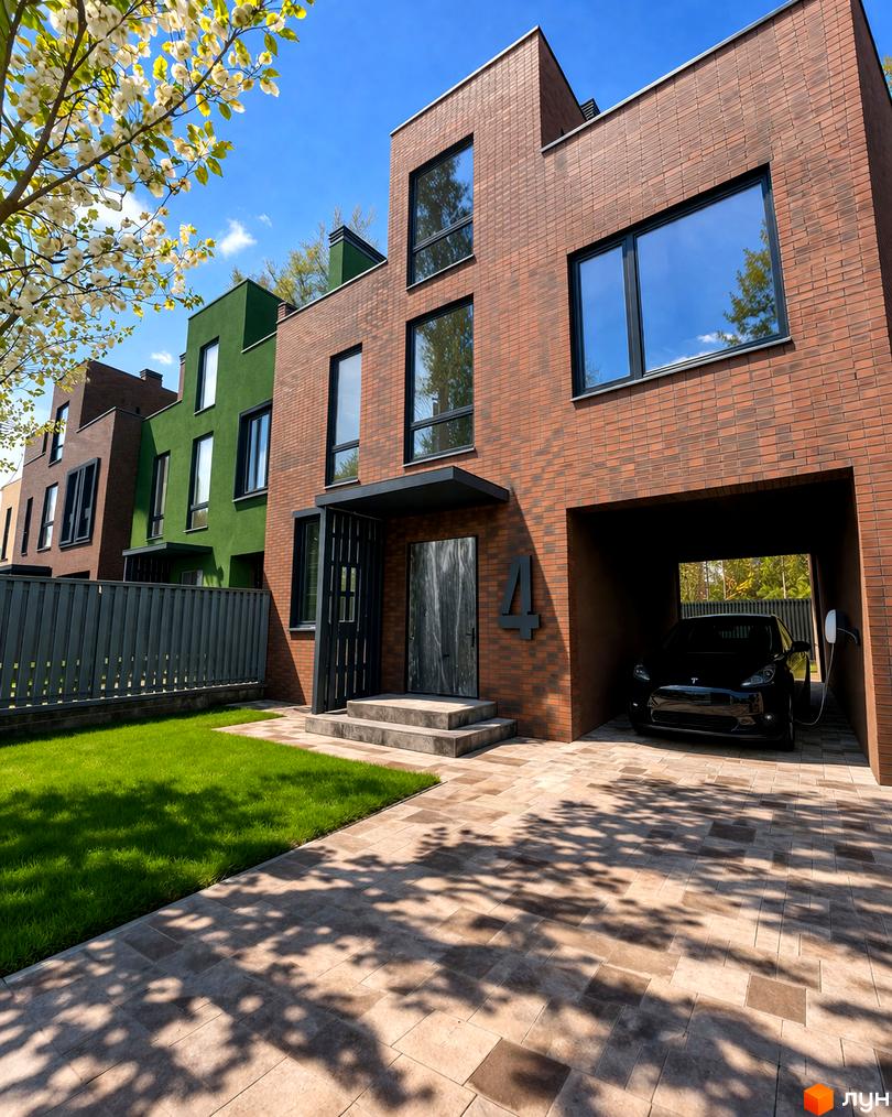 Комплекс Madera House: цегляні та зелені таунхауси з великими вікнами, прибудинкова територія з газоном, бруківкою та навісом для авто.