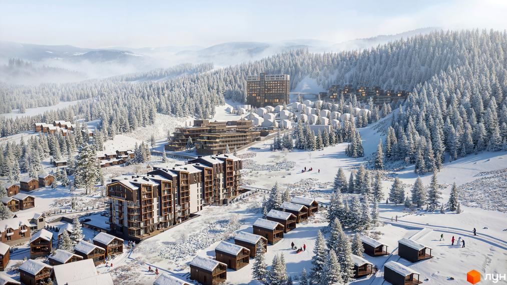 Житловий комплекс GRONO Family Residence у Карпатах, зимовий гірський пейзаж з дерев'яними будиночками та багатоповерховими будівлями, оточений засніженими ялинами.