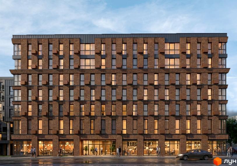 Фасад житлового комплексу MOVIN hotel з цегляним оздобленням та великими вікнами. Перед будинком розташована дорога та тротуар з пішоходами.