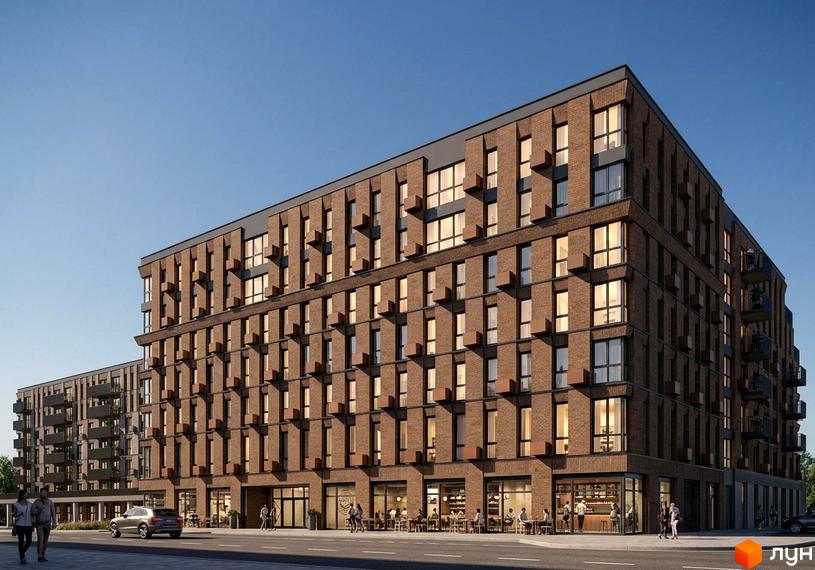 MOVIN hotel: цегляний житловий комплекс з виступаючими елементами та балконами. На першому поверсі розташовані комерційні приміщення з терасами.