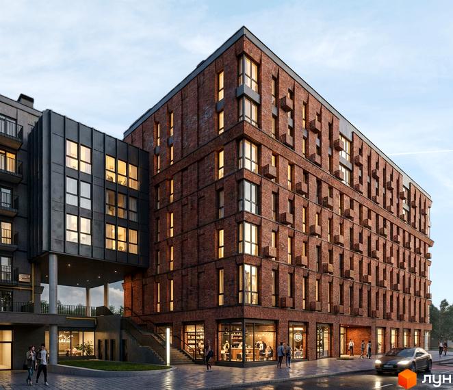 MOVIN hotel - це новобудова з цегляним фасадом та великими вікнами. Територія навколо будинку має доглянутий вигляд з пішохідними доріжками та освітленням.