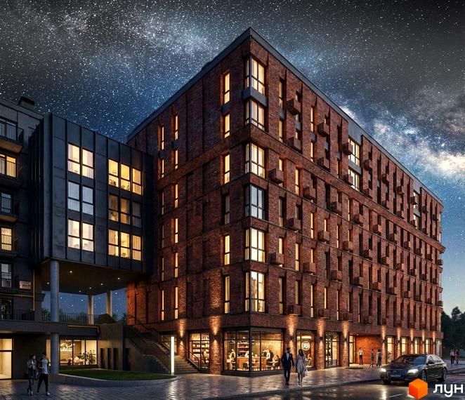 MOVIN hotel - це житловий комплекс з цегляними фасадами та великими вікнами. Територія навколо будинку освітлена та має зелені насадження.