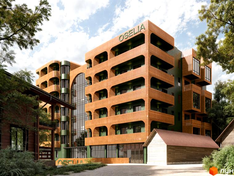 Oselia apartments - новобудова з дерев'яними фасадами та арковими балконами, оточена зеленню та невеликими будиночками.