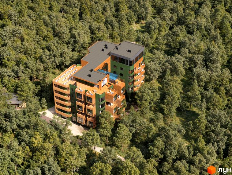 Oselia apartments - це житловий комплекс, розташований серед густого лісу. Будівля має багатоповерхову структуру з балконами та терасами, інтегровану в природний ландшафт.