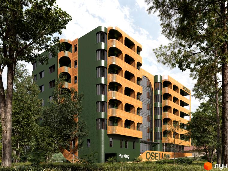 Oselia apartments – новобудова з оригінальними балконами та зеленою фасадною частиною, оточена деревами. Навколо комплексу – доглянута прибудинкова територія.