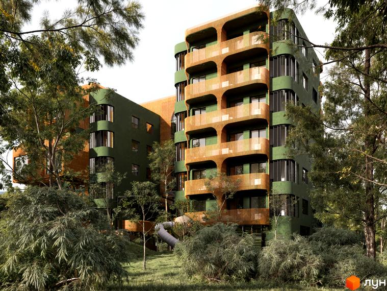 Oselia apartments - зелені фасади з дерев'яними балконами, оточені деревами. На території новобудови облаштовано дитячий майданчик з гіркою.