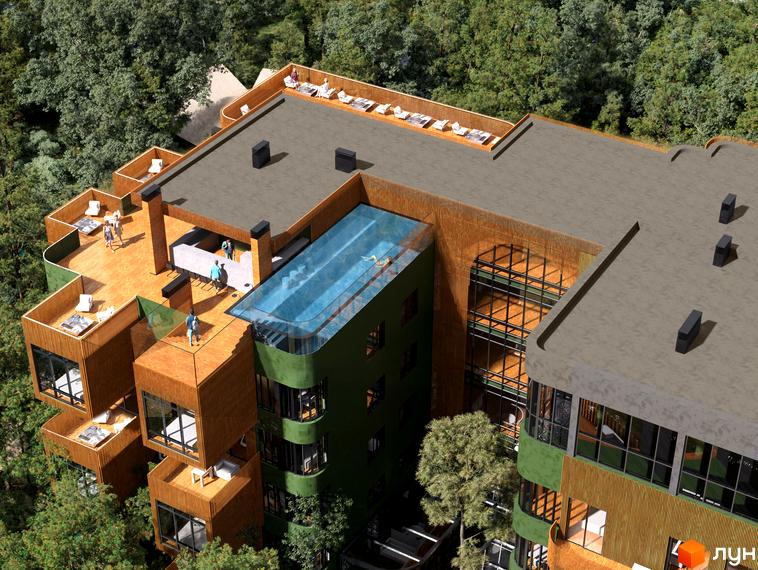 Oselia apartments - новобудова з басейном на даху та терасами, оточена деревами. Зовнішній вигляд будівлі з дерев'яними елементами та зеленими фасадами.