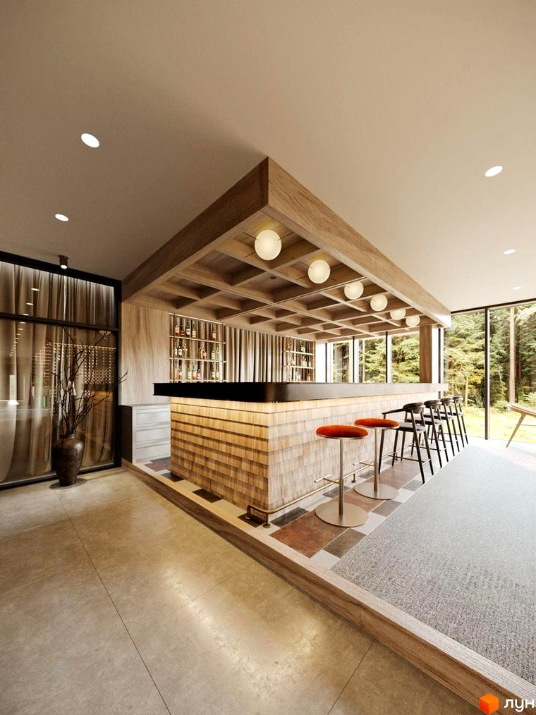 Oselia apartments: барна стійка з дерев'яною обробкою та стільцями, вікна з видом на ліс. Інтер'єр новобудови.