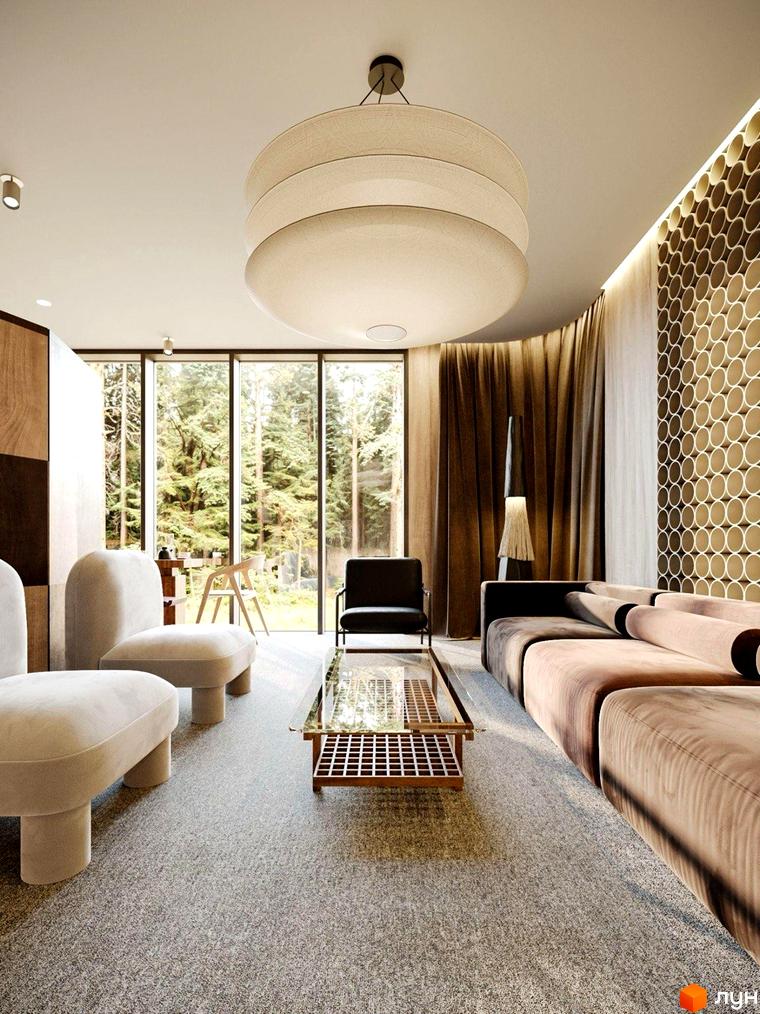 Oselia apartments: вітальня з панорамними вікнами та видом на ліс. Сучасний дизайн інтер'єру з м'якими меблями та кавовим столиком.