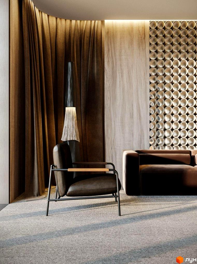 Oselia apartments: інтер'єр вітальні з кріслом та диваном. Сучасний дизайн з акцентом на текстури та освітлення.