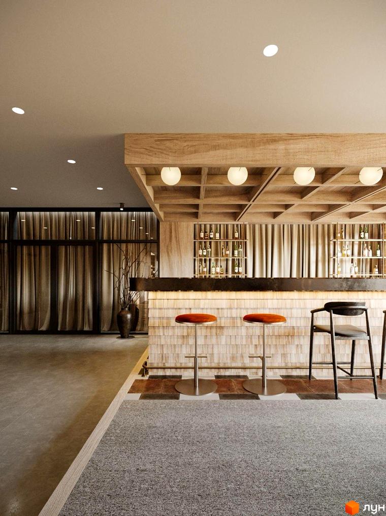 Oselia apartments: інтер'єр бару з дерев'яною обробкою, барною стійкою та стільцями. Сучасний дизайн інтер'єру.