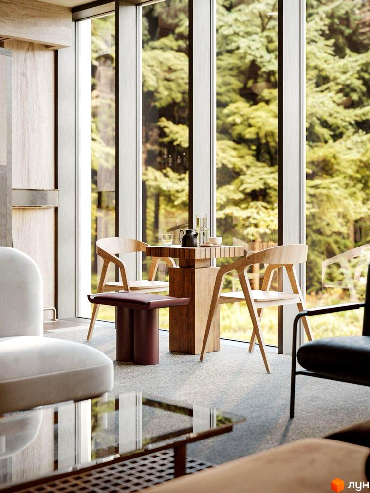 Oselia apartments: інтер'єр з дерев'яними меблями та панорамними вікнами, що виходять на ліс. Сучасний житловий комплекс для комфортного життя.