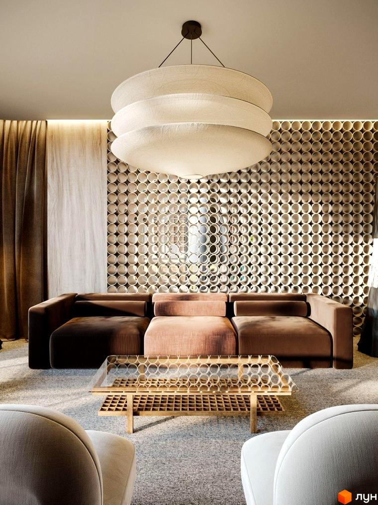 Інтер'єр вітальні в Oselia apartments з диваном, кавовим столиком та декоративною стіною. Сучасний дизайн житлового комплексу.