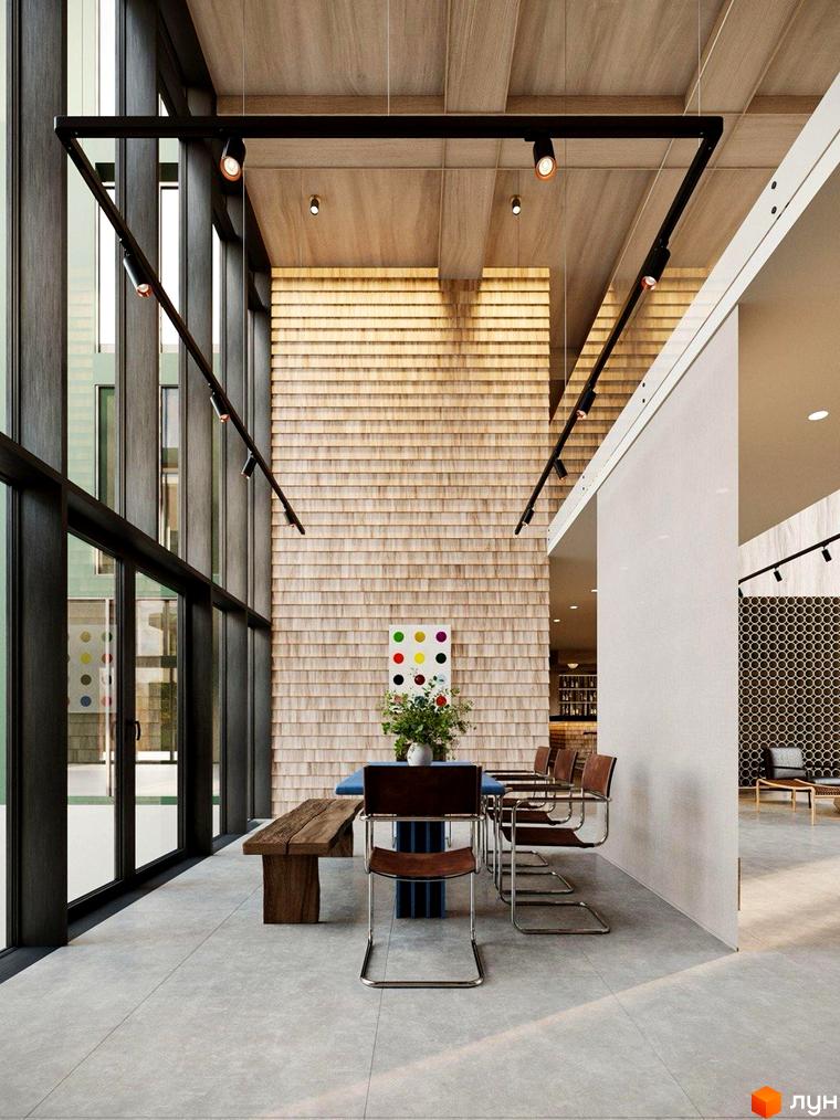 Oselia apartments: інтер'єр з дерев'яною стіною, великими вікнами та обідньою зоною. Сучасний дизайн простору для життя.