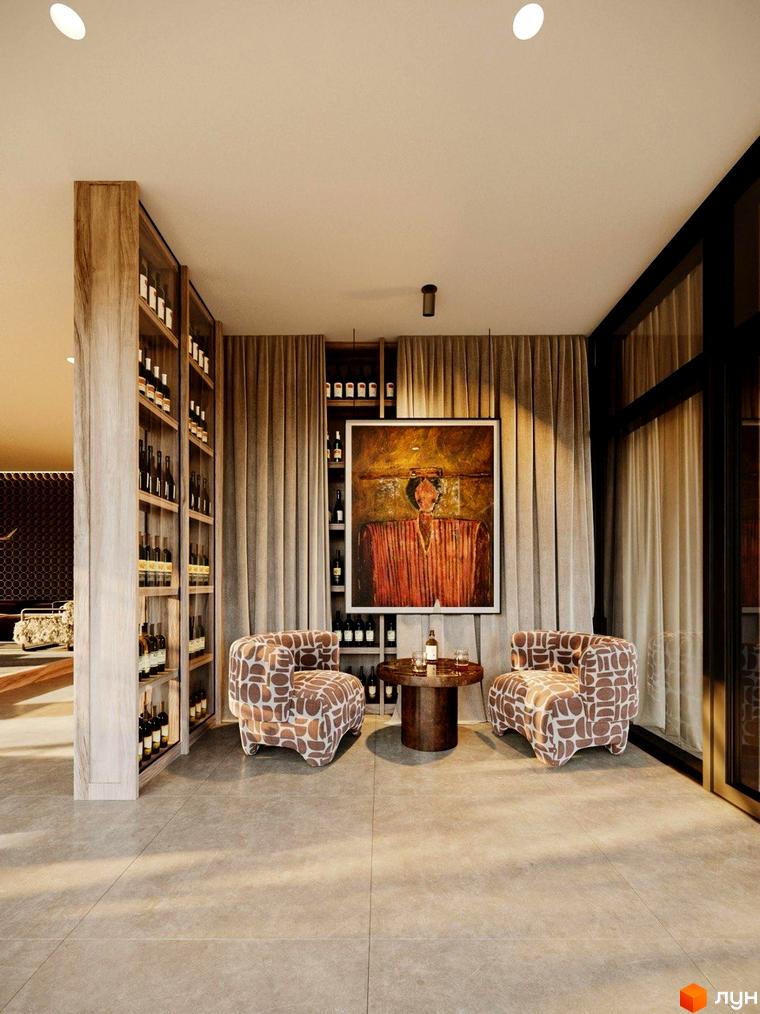 Oselia apartments: інтер'єр зони відпочинку з кріслами та полицями для вина. Сучасні квартири в новобудові.