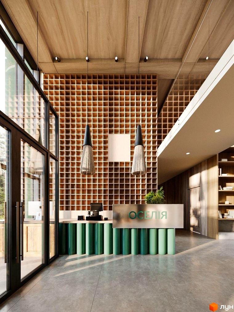 Інтер'єр рецепції житлового комплексу Oselia apartments з дерев'яною стіною та зеленою стійкою. Сучасний дизайн лобі новобудови.