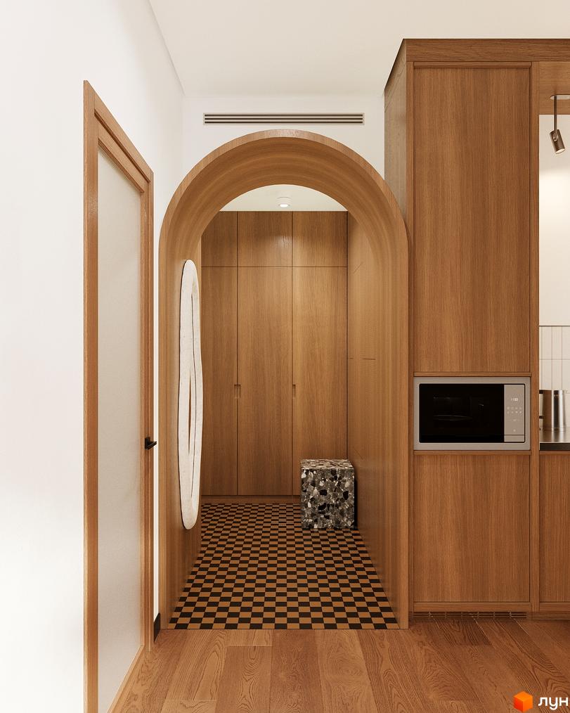 Oselia apartments: сучасний дизайн передпокою з дерев'яними елементами та підлогою в шаховому порядку. Візуалізація інтер'єру новобудови.