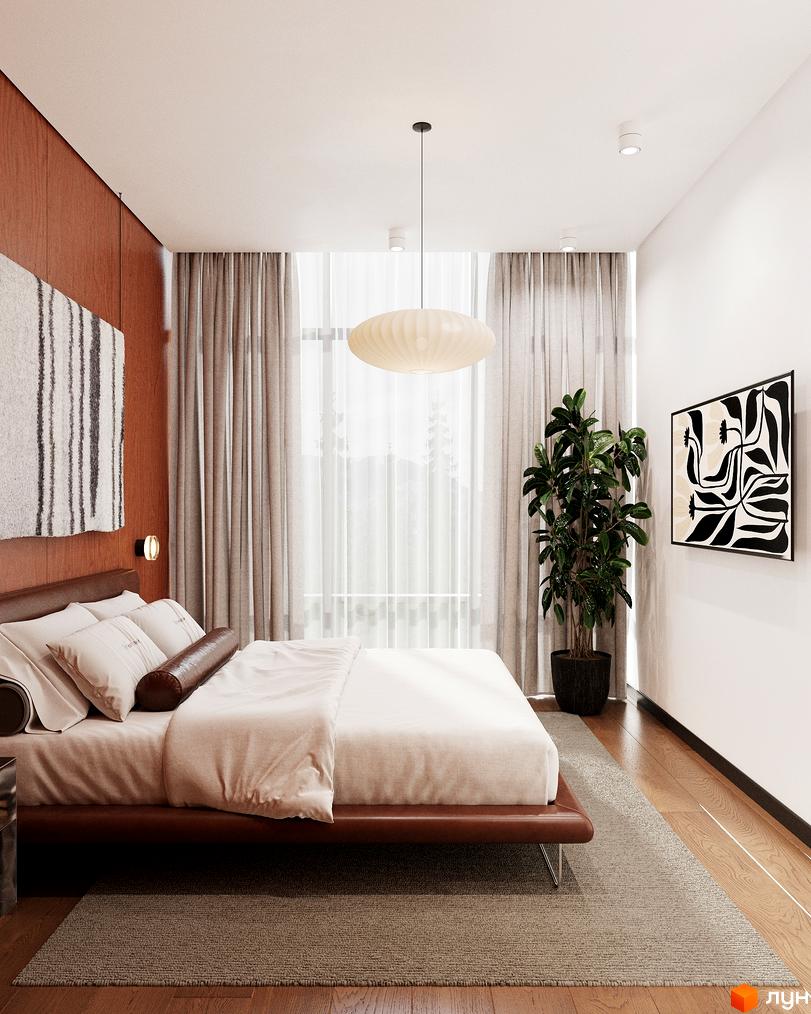 Затишна спальня в Oselia apartments з великим вікном, дерев'яною стіною та сучасним декором. На підлозі килим та паркет.