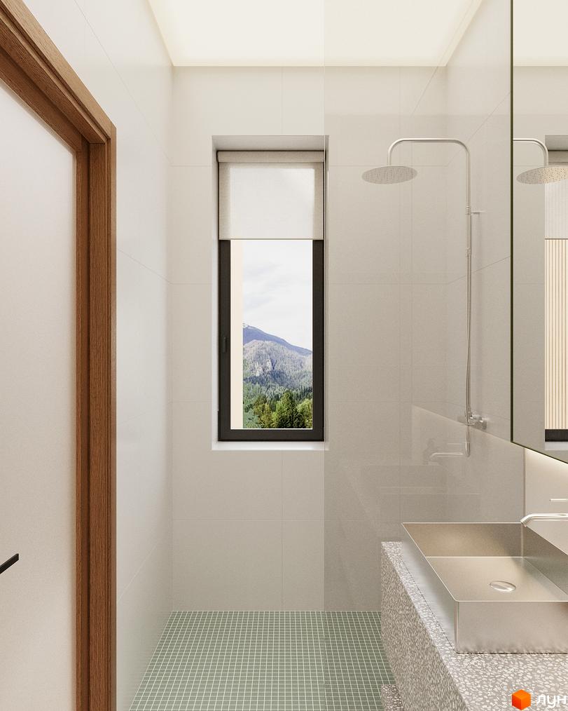 Oselia apartments: ванна кімната з душем та вікном з краєвидом на гори. Сучасний дизайн інтер'єру.