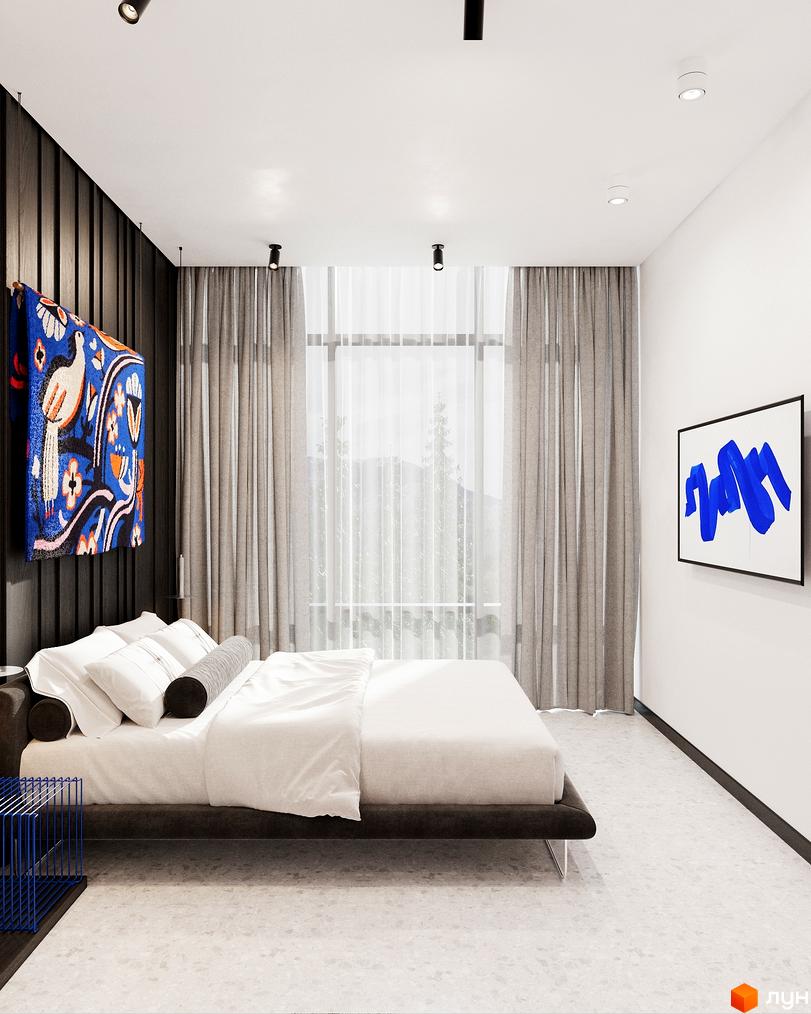 Oselia apartments: спальня з ліжком, картиною та вікном з сірими шторами. Сучасний дизайн інтер'єру.