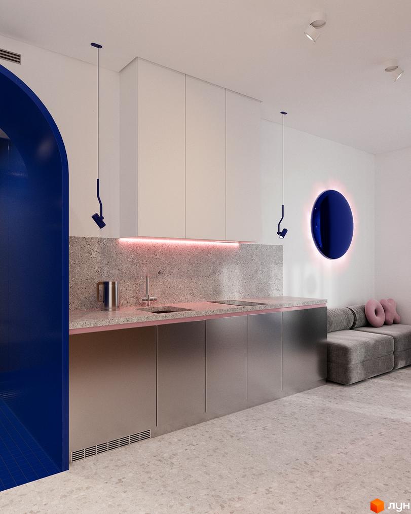Oselia apartments: сучасна кухня з синьою аркою та сірим диваном. Огляньте інтер'єри новобудови.