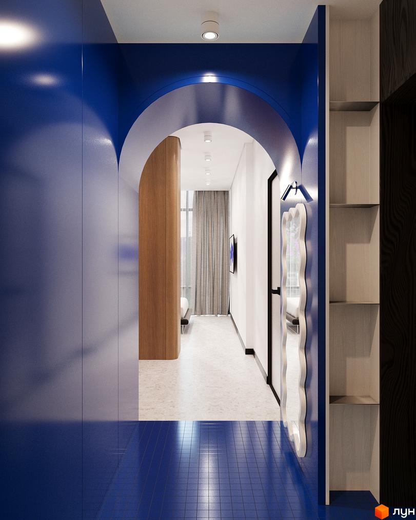 Oselia apartments: сучасний дизайн інтер'єру з синіми та дерев'яними елементами, аркою та дзеркалом.