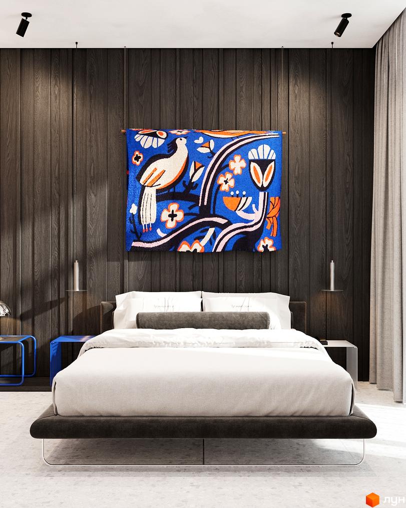 Спальня в Oselia Житловий комплекс: ліжко, дерев'яна стіна, яскравий гобелен. Оздоблення квартири Oselia.