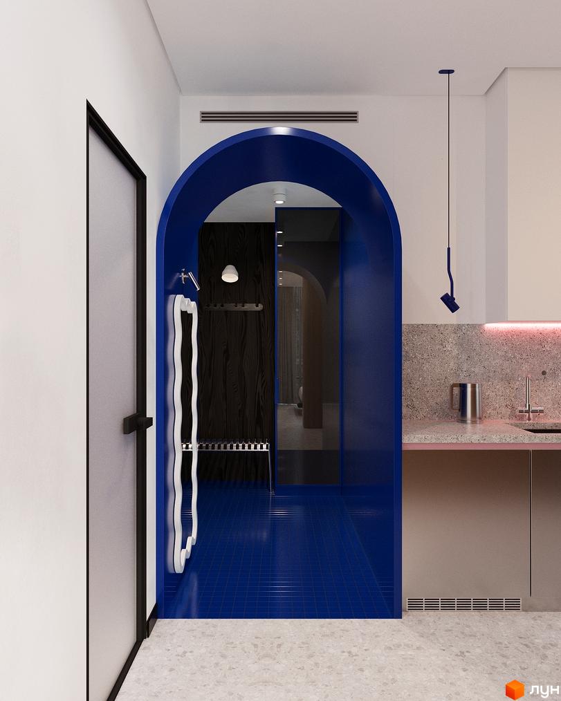 Oselia apartments: сучасний інтер'єр з синьою аркою та кухнею з рожевою підсвіткою. Візуалізація новобудови.