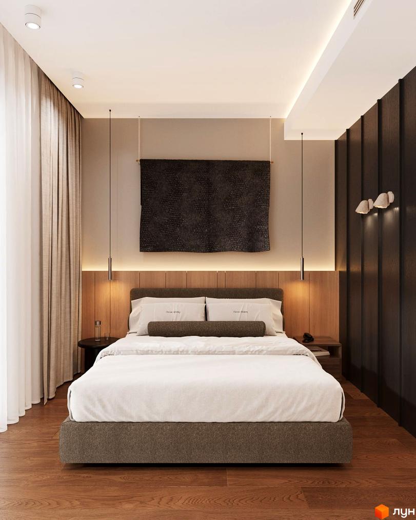 Спальня в Oselia apartments з дерев'яним узголів'ям ліжка, підвісними світильниками та прихованим освітленням.