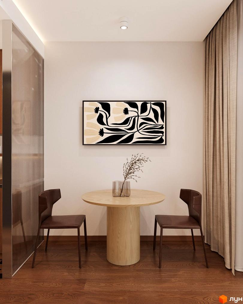 Oselia apartments: інтер'єр їдальні з круглим столом, двома кріслами та картиною на стіні. Сучасний дизайн квартири.