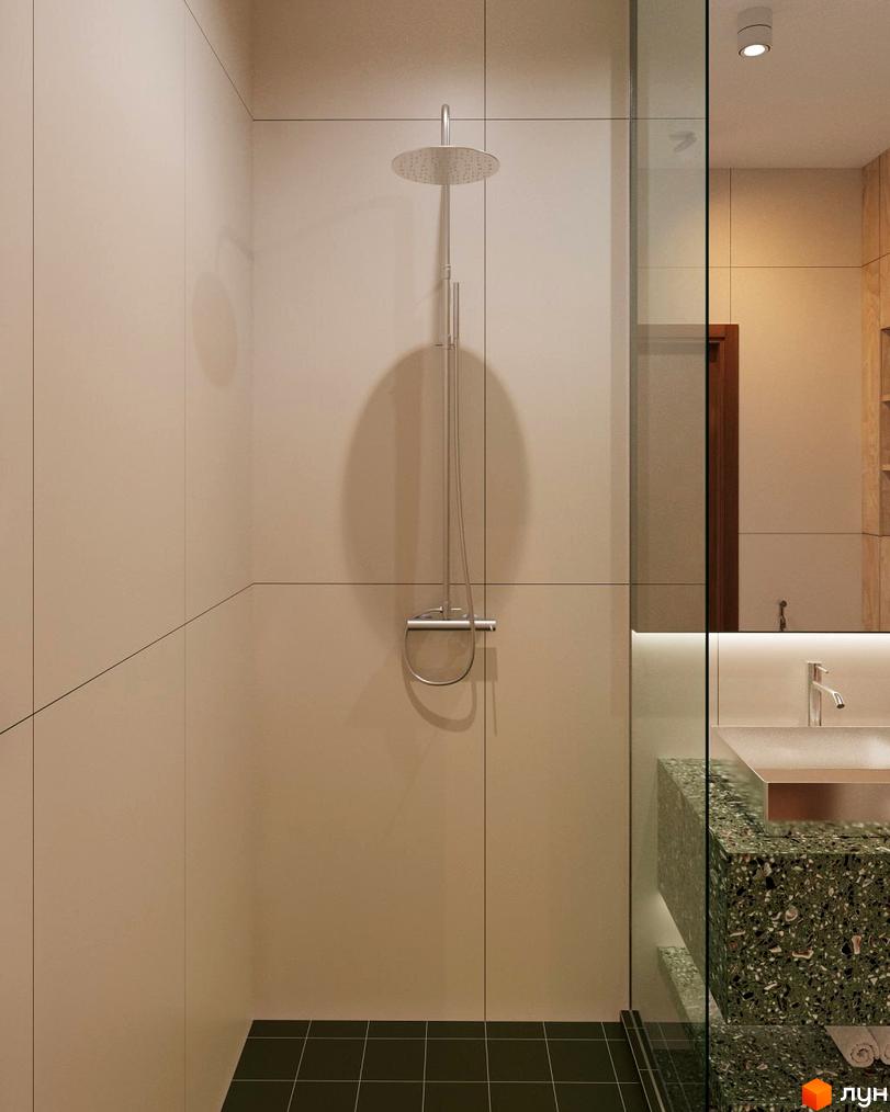 Ванна кімната в Oselia apartments з душовою системою, світлими стінами, темною плиткою на підлозі та раковиною на зеленій стільниці.