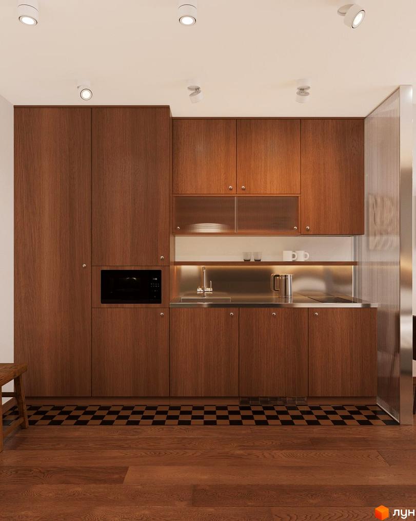 Oselia apartments: сучасна кухня з дерев'яними фасадами, вбудованою технікою та металевою стільницею. Підлога з паркету та плитки.