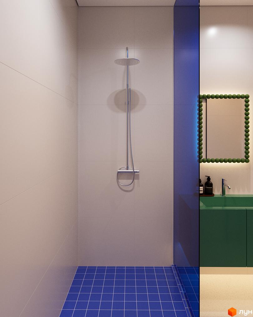 Oselia apartments: ванна кімната з душовою кабіною, синьою плиткою на підлозі та зеленою тумбою під умивальник.