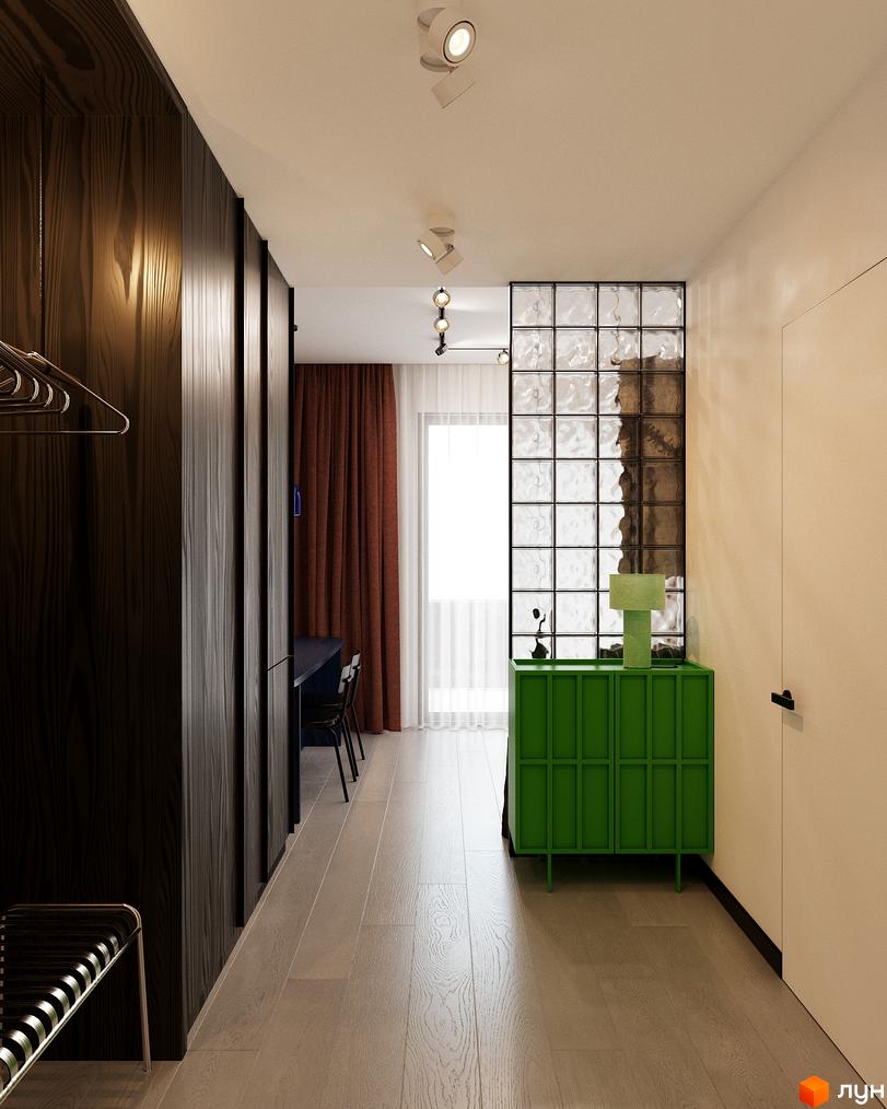 Oselia apartments: сучасний інтер'єр передпокою з дерев'яними панелями, скляною перегородкою та яскравим зеленим комодом.