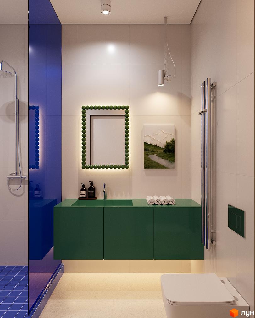 Сучасний інтер'єр ванної кімнати з зеленим підвісним туалетним столиком, дзеркалом з підсвічуванням та душовою кабіною.
