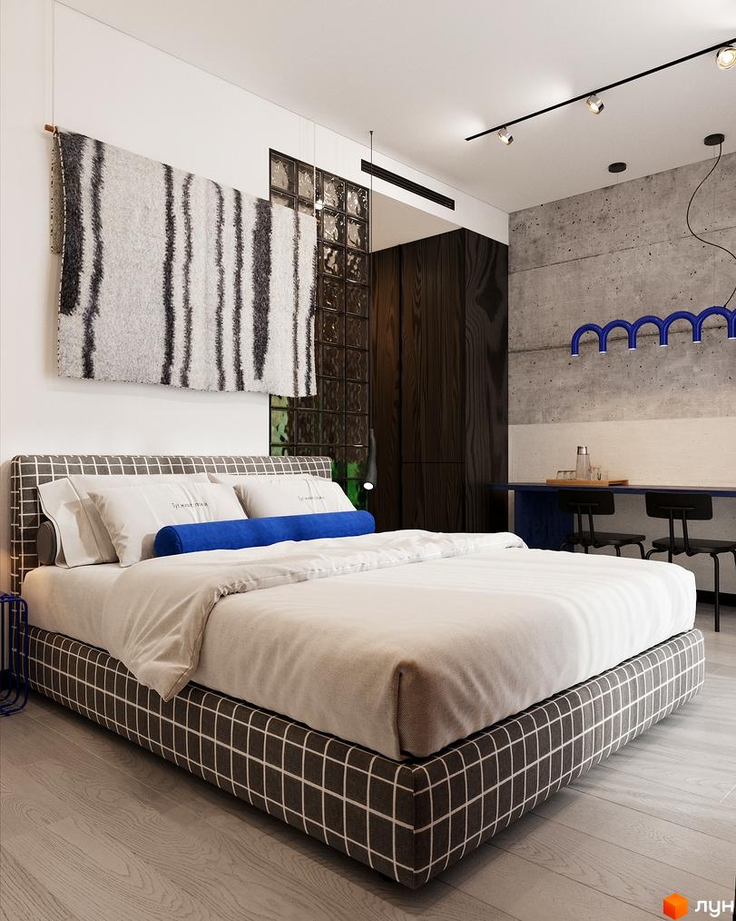 Oselia apartments: сучасна спальня з ліжком, декором та меблями. Опис інтер'єру квартири в новобудові.