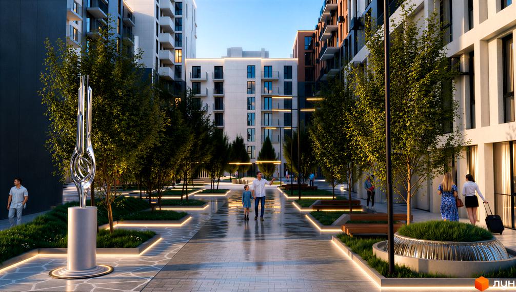 Житловий комплекс Grand Residence Chernivtsi з сучасним фасадом та озелененою прибудинковою територією з освітленням.