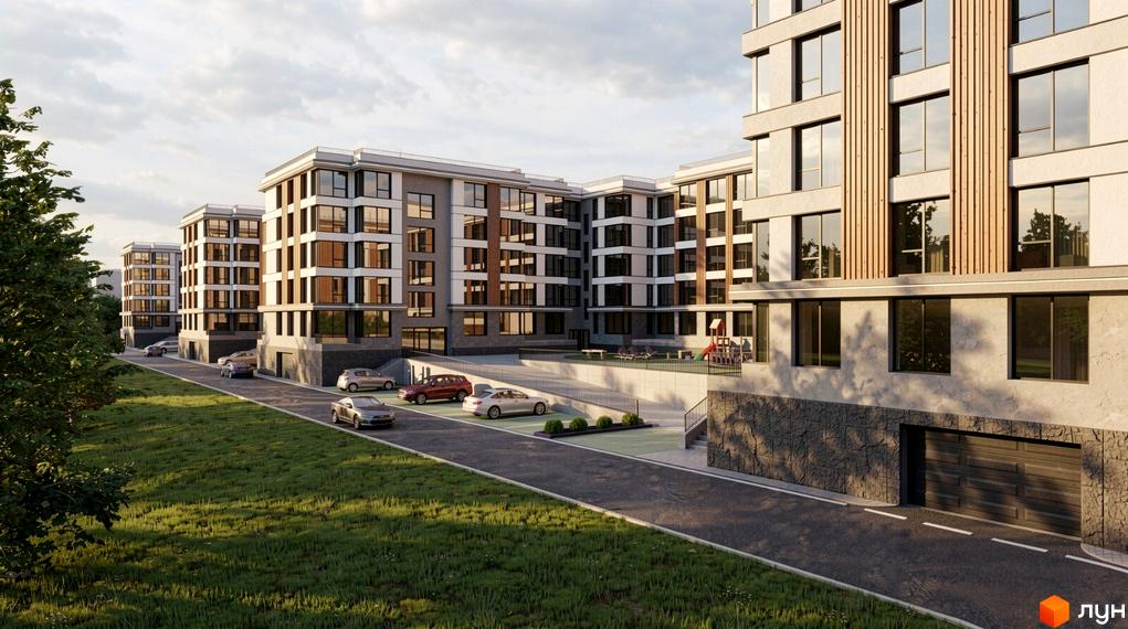 Житловий комплекс Галицький Двір. Сучасні багатоквартирні будинки з великими вікнами та паркінгом. На території є дитячий майданчик та зелена зона.