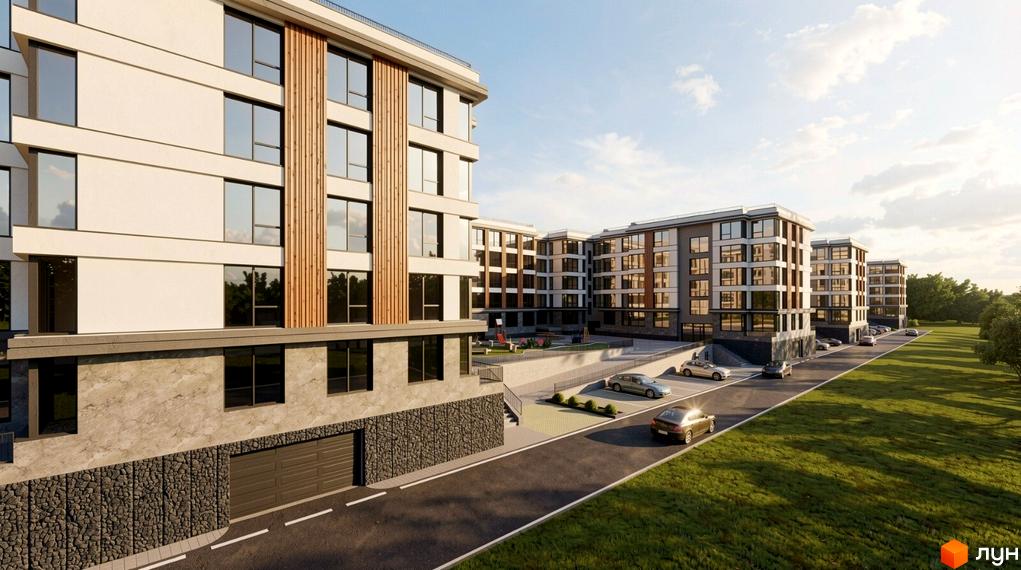 Житловий комплекс Галицький Двір: фасади будівель з дерев'яними елементами, панорамними вікнами та прибудинковою територією з парковкою та зеленими зонами.