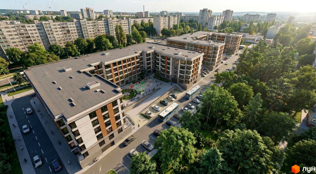 Житловий комплекс Галицький Двір з багатоповерховими будинками та зеленою прибудинковою територією з дитячим майданчиком та парковкою.