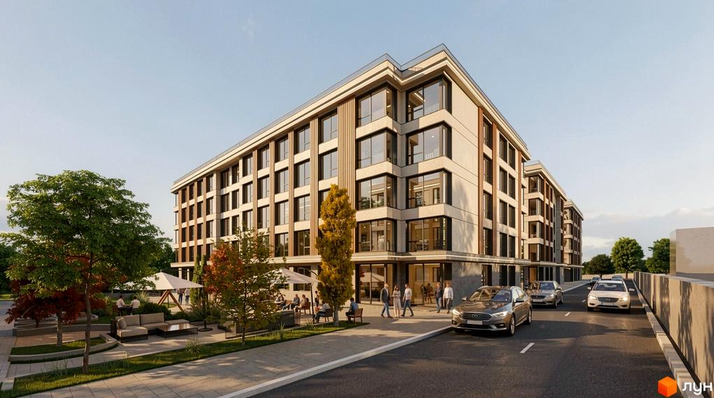Зовнішній вигляд новобудови ЖК Галицький Двір з великими вікнами та дерев'яними елементами. Прибудинкова територія з зонами відпочинку та деревами.