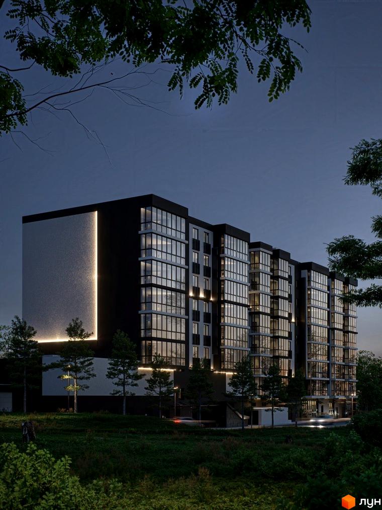 Житловий комплекс ТИSHA – це багатоповерхова новобудова з панорамними вікнами та підсвіткою фасаду, розташована серед зеленої зони.
