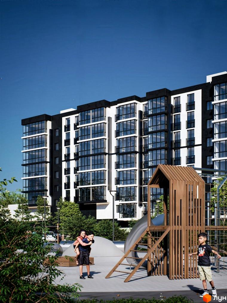 Житловий комплекс ТИSHA з чорно-білим фасадом та великими вікнами, дитячим майданчиком та зеленими насадженнями.