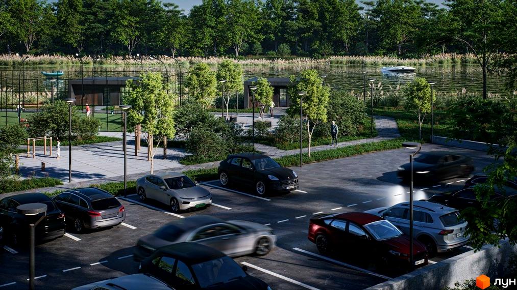 Житловий комплекс ТИSHA з паркінгом біля озера та зоною відпочинку. На території комплексу розташовані спортивні майданчики та зелені зони.