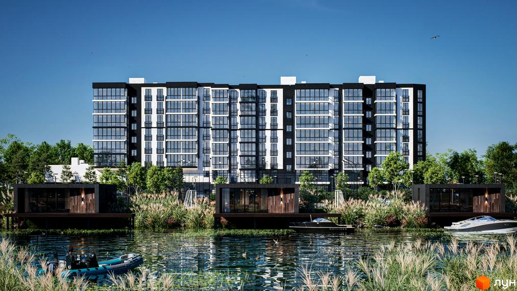 Житловий комплекс ТИSHA - багатоповерховий будинок з панорамними вікнами, розташований біля води з пристанню та човнами.