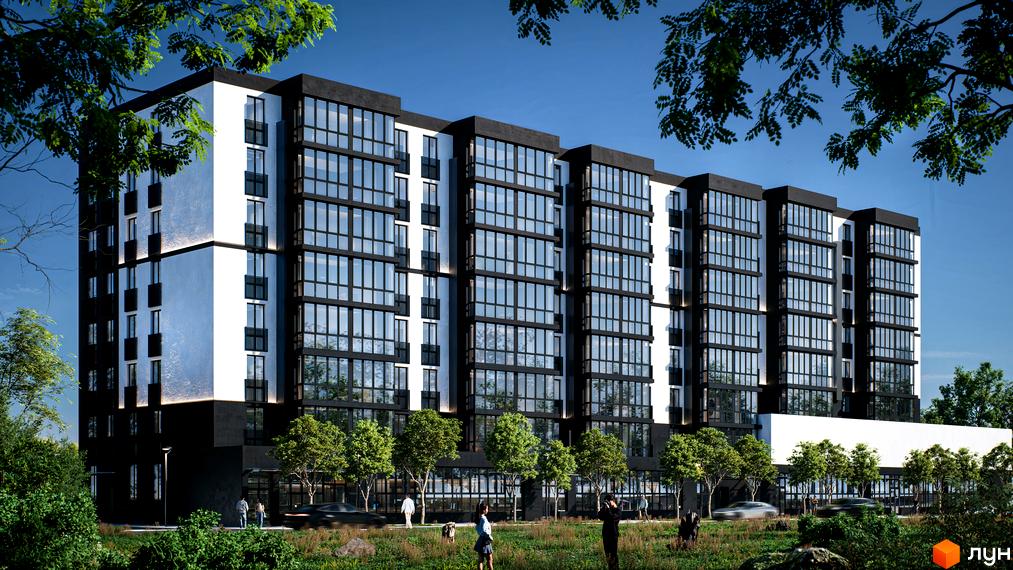 Житловий комплекс ТИSHA з чорно-білим фасадом, великими вікнами та балконами. Прибудинкова територія озеленена деревами та кущами.