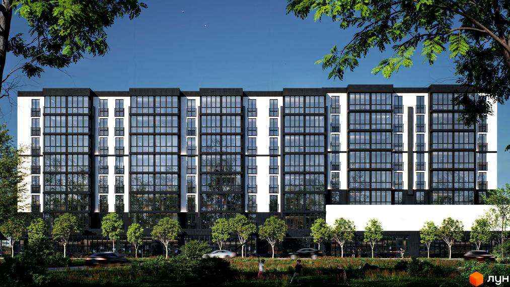 Новобудова ТИSHA: багатоповерховий житловий будинок з контрастним чорно-білим фасадом та скляними балконами, поруч зелена зона.