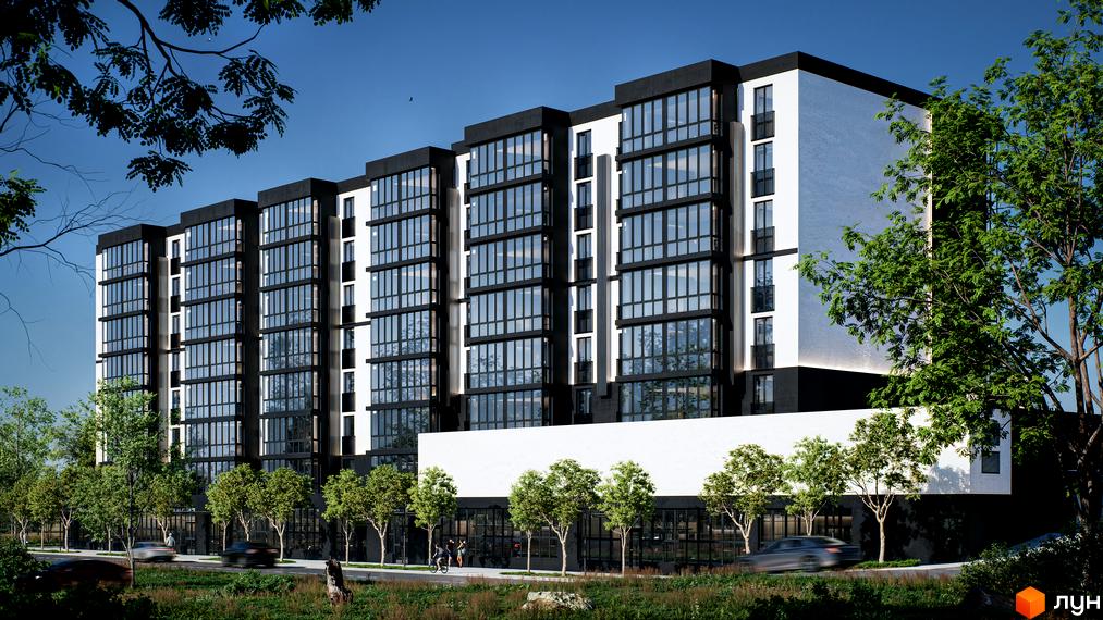 Зовнішній вигляд новобудови ЖК ТИSHA з великими вікнами та чорними елементами. Навколо будівлі зелені дерева та дорога з автомобілями.