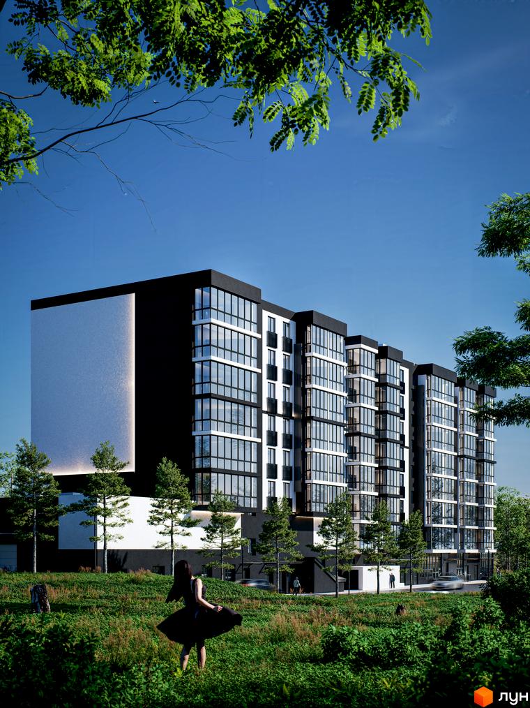 Житловий комплекс ТИSHA: багатоповерхові будинки з чорно-білими фасадами, великими вікнами та світлою панеллю. Навколо будівель зелена територія з деревами.
