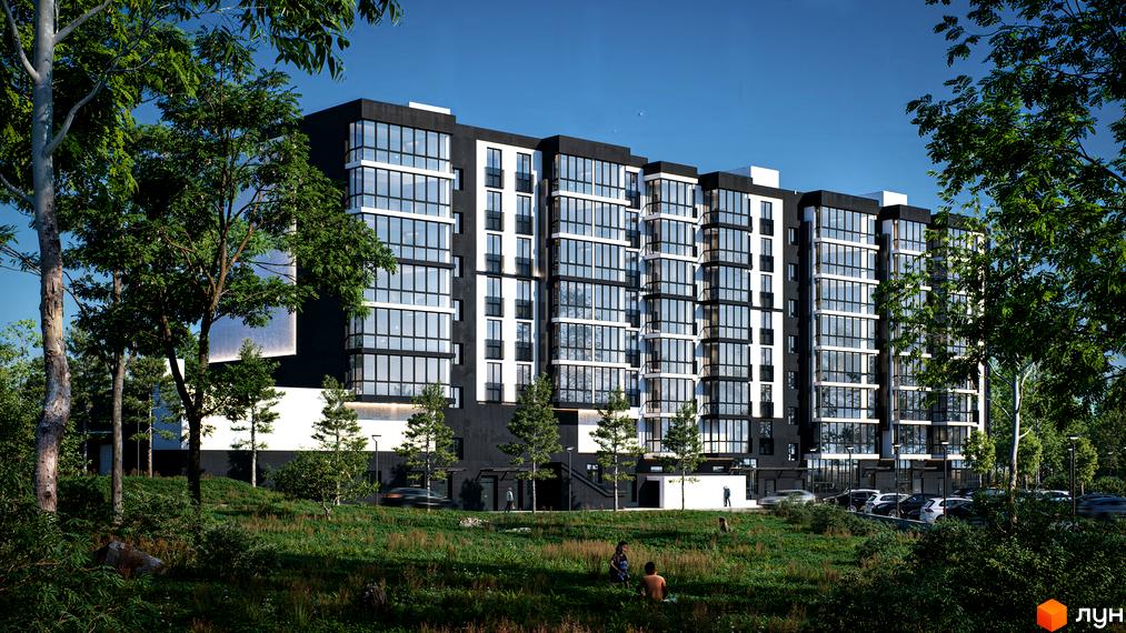 Багатоповерховий будинок Житлового комплексу ТИSHA з чорно-білим фасадом та великими вікнами. Навколо зелена територія з деревами, травою та парковкою.